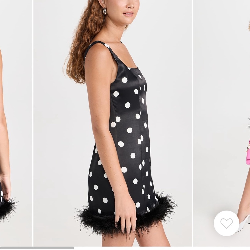 Chic Black Polka Dot Dress with Feather Trim - Picture 3 of 14